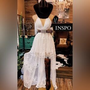 OFF WHITE LACE MAXI DRESS WITH CUT OUT